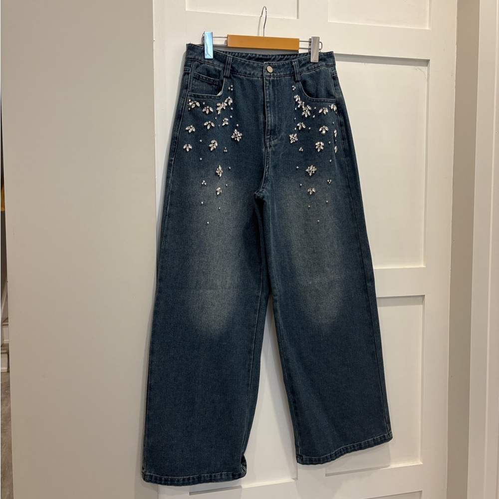 Embellished Blue Wide-Leg Jeans